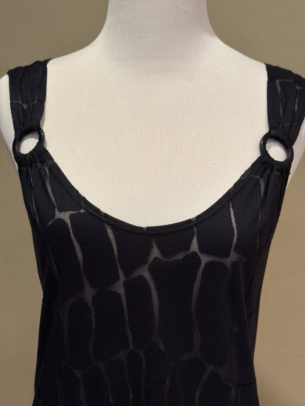 Black Sheer Textured Tank with Ring-Strap Detail